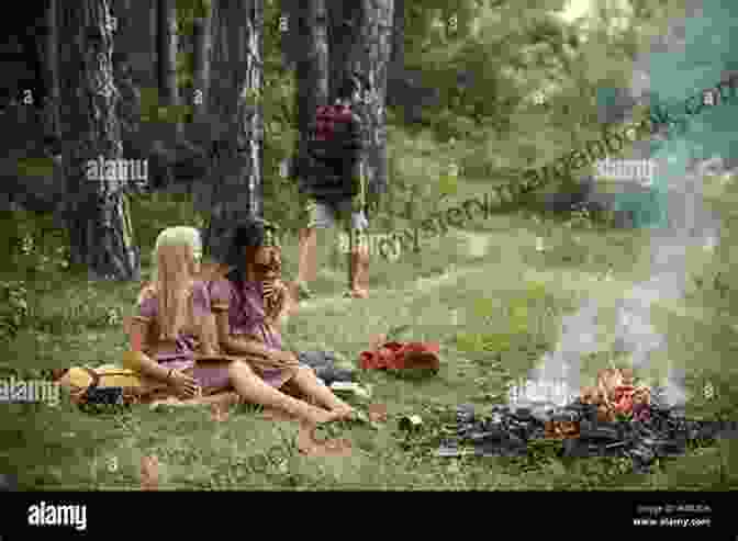 A Woman Sits By A Campfire, Reading A Book. Yellow Fairytales: 48 Short Stories Tales Of Fantasy And Magic
